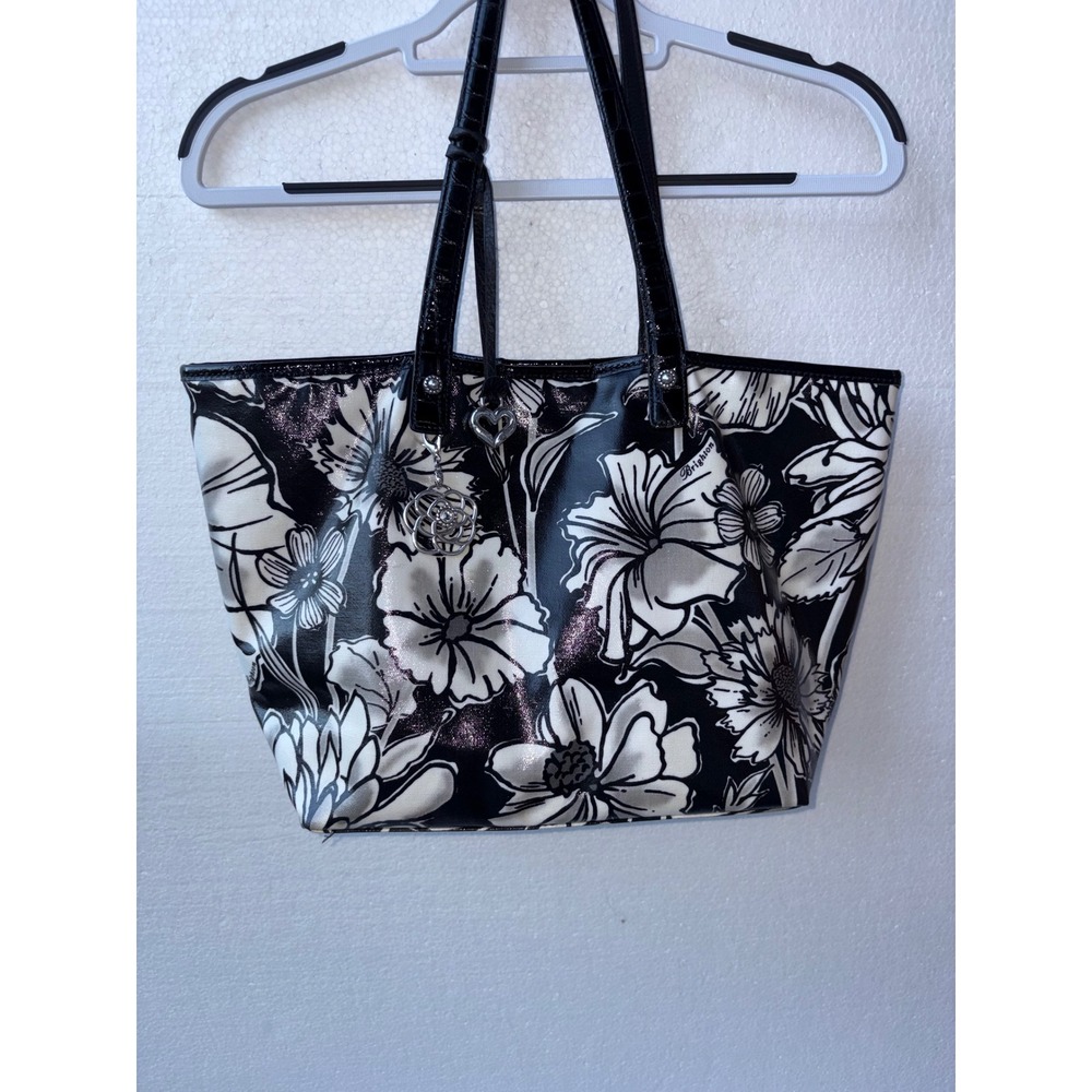 Brighton Coated Canvas Floral Print Tote Bag Croc Embossed‎ Leather Trim Silver